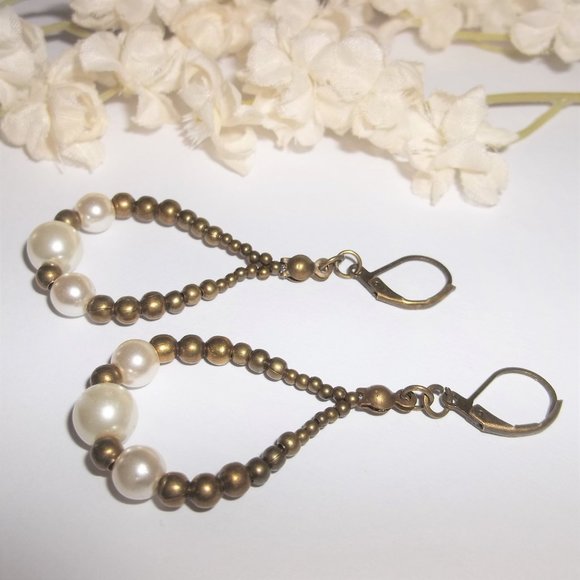 Hoops White Faux Pearl and Bronze Boho Style Jewelry Gift Idea for Her Set 7043 - Picture 4 of 6